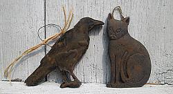 BLACKENED BEESWAX CROW and KITTY ORNAMENTS